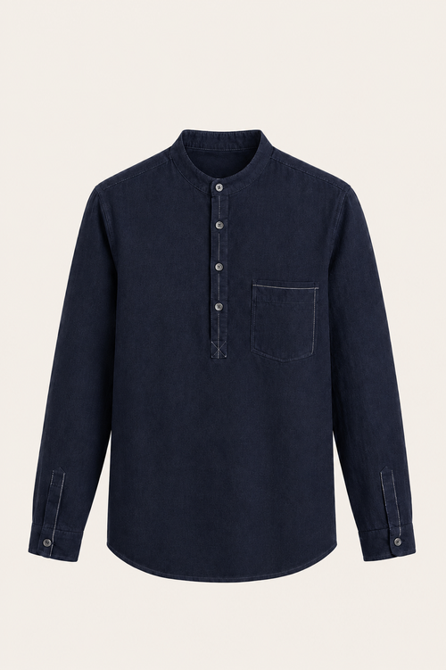 Gavero Cotton Quarter Shirt Navy