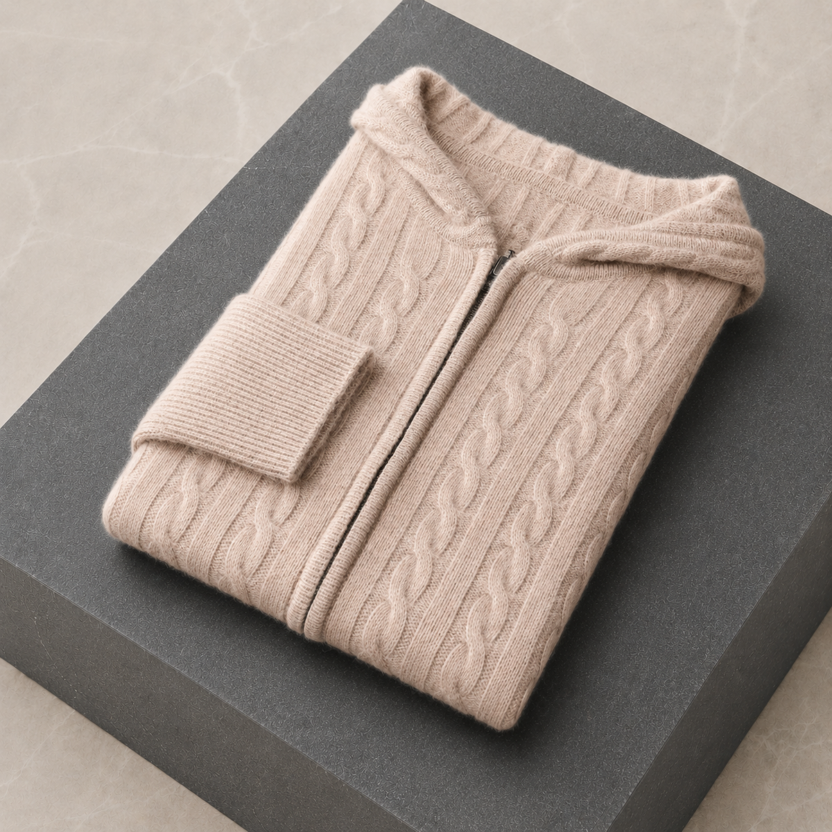 Avero Cashmere Hooded Cable Knit Beige