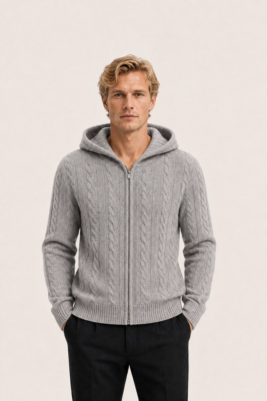 Avero Cashmere Hooded Cable Knit Grey