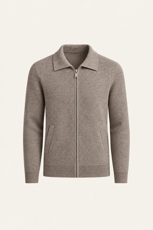 Teravo Wool Knitted Polo Cardigan Taupe