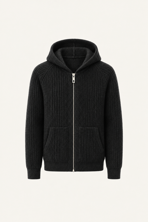 Velani Wool Hooded Zip Knit Black