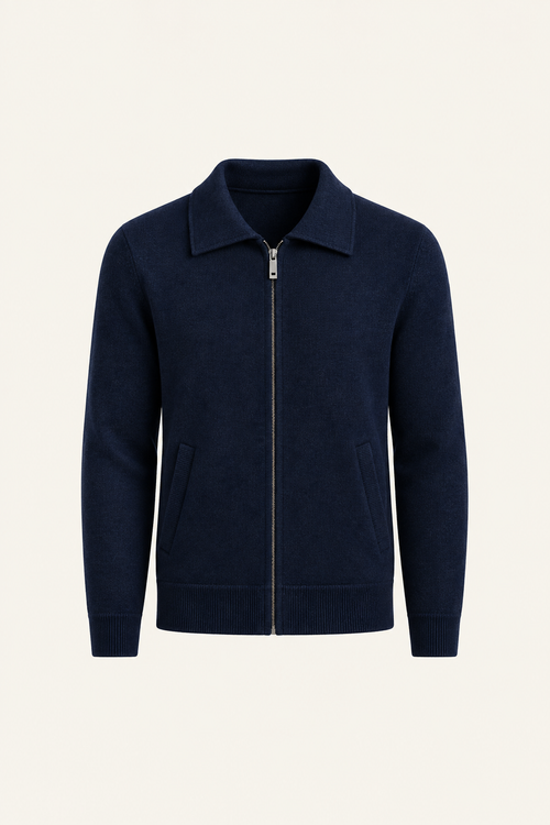 Teravo Wool Knitted Polo Cardigan Navy