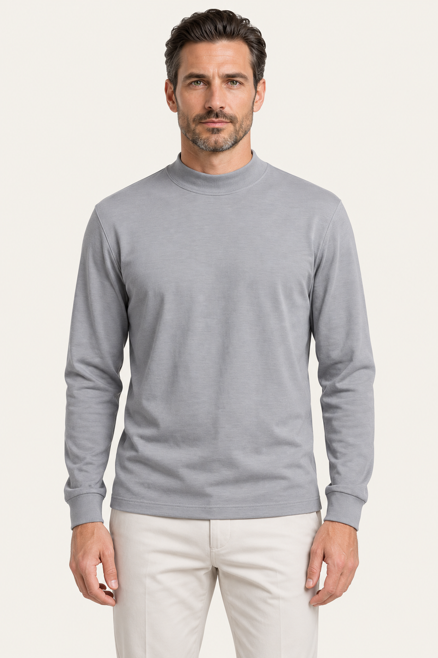 Finero Merino Mock Neck Tee Light Grey