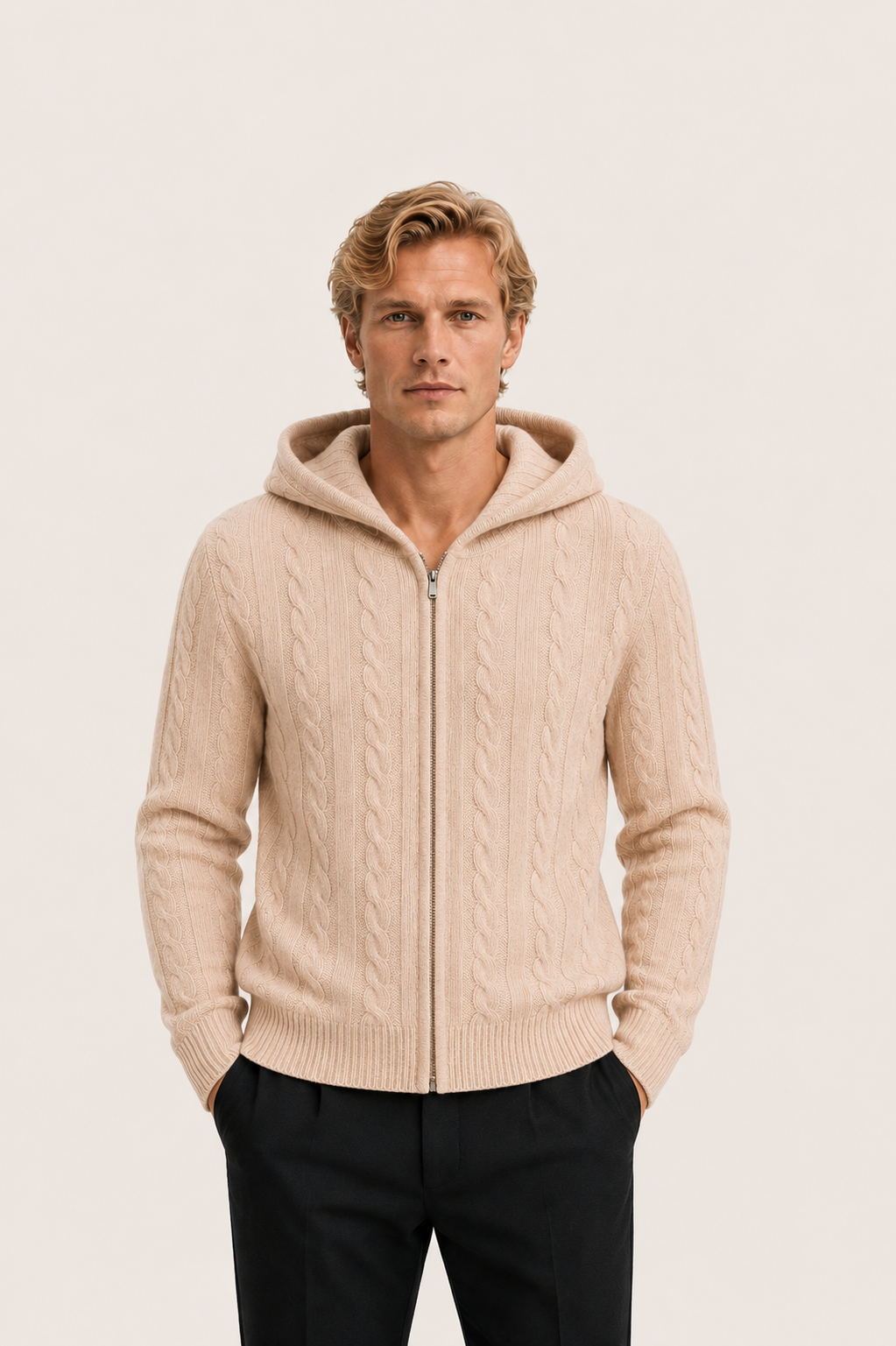 Avero Cashmere Hooded Cable Knit Beige